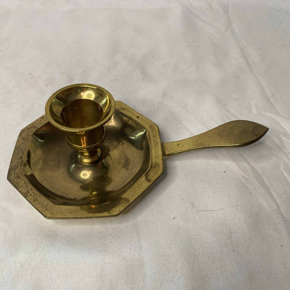 Unpolished Brass Candlestick Octagon Base Vtg Chamberstick Taper Holder Colonial